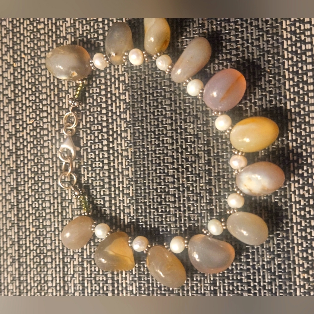 VTG AGATE BRACELET REAL PEARLS, STERLING FINDINGS & RONDELLS.CHUNKY, HIP& EUC ❤️